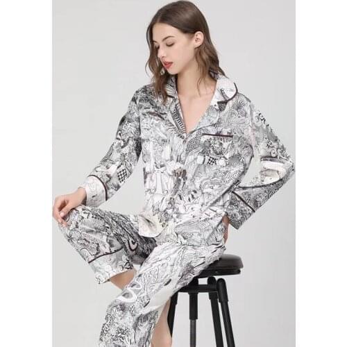 Gray Women Print Dragon Rayon Pajamas Sets 2PCS Full Sleeve&Pant Pyjamas Sexy Sleep Suit Sleepwear Summer Lounge Home Nightwear