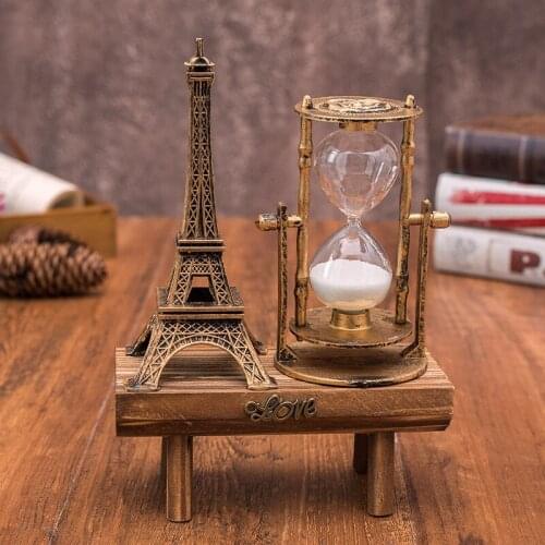 Creative retro iron tower hourglass decoration simple modern home study wooden seat hourglass decoration