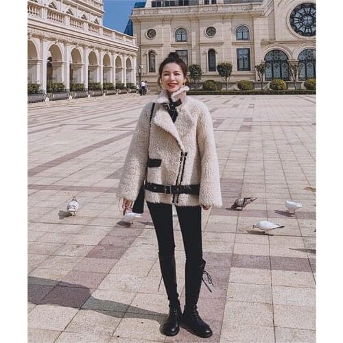 Korean Fashion Motorcycle Girl with lamb coat Cotton Super Warm Windproof Casual Outdoor Spring Autumn Winter Khaki Women jacket