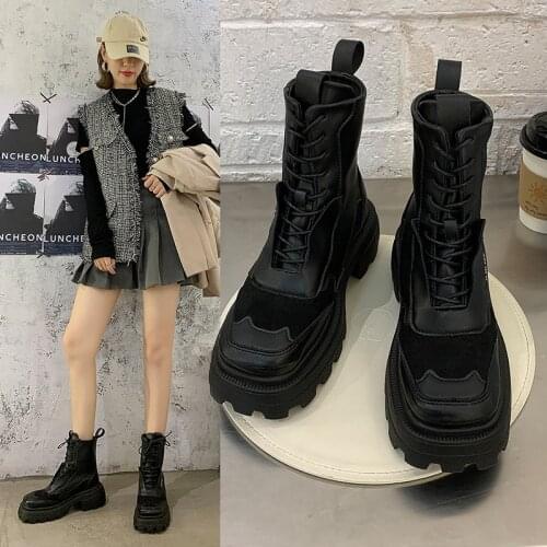 Height increased motorcycle boots women British style suede&leather patchwork winter ankle booties lace up platform knight botas