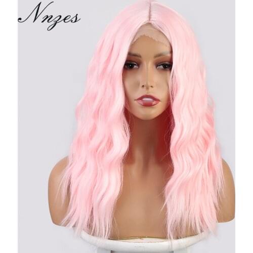 NNZES 16Inches Long Natural Wave Pink Synthetic Wigs Middle Part Wigs for Women Black Blonde Dark Brown Color Natural Hair