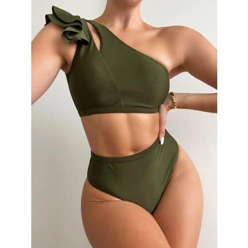 New Type 2021 Bikini High Waist Bikini One Shoulder Flounce Sexy Swimsuit Pure Swimsuit Fitness Body Dance Sportswear