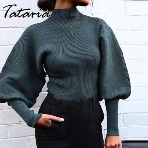Autumn Blue Lantern Sleeve Sweaters Women Korean Fashion Winter 2021 Basic Slim Knitted Top Female Sweater Pullover White Jumper