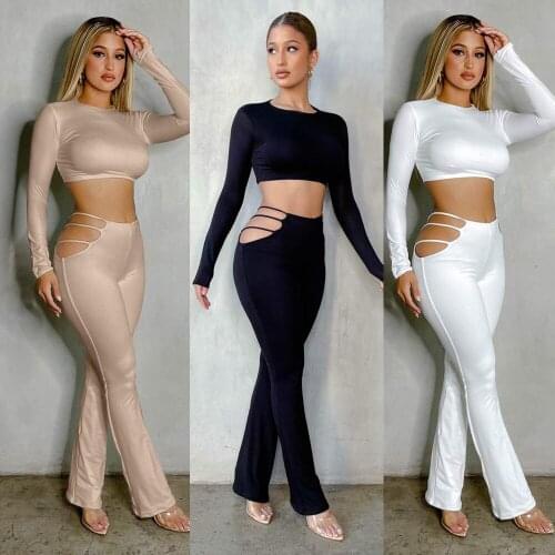 Autumn European and American Tight-Fitting Solid Color Sexy Tight-Fitting Hollow Womens Two-Piece Female