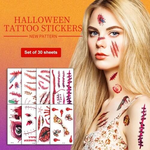 30Pcs Halloween Lifelike Fake Bloody Wound Tattoo Sticker Scary Waterproof Temporary Tattoo Stickers Horror Party Decoration