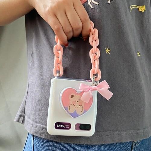 Pink Chain Bear Case for Samsung Z Flip 5G Cover with Long Cross-body Strap for Samsung Galaxy ZFlip Case 5G Cute Back Cover