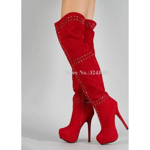 Suede Studded Platform Thigh High Boots Woman Fashion Super Thin Heel Rivets Over the Knee Long Boots Large Size Female Shoes