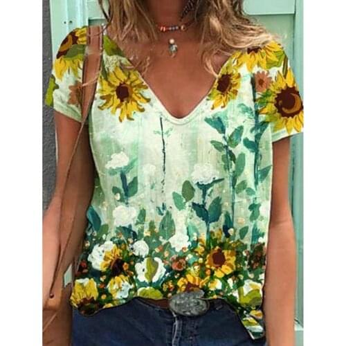 Harajuku Women T_shirts Sunflora Print Casual Plus Size Top Tee Short Sleeve Vintage Summer T-shirt Ropa De Mujer 2021