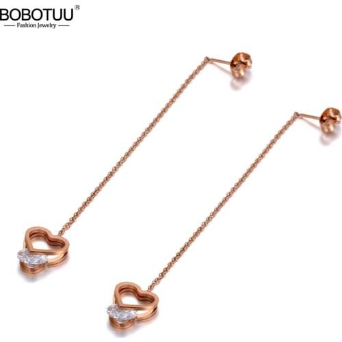 BOBOTUU Fashion Stainless Steel CZ Crystal Heart Tassel Earrings Jewelry Rose Gold Ear Line Drop Earrings For Women BE20007