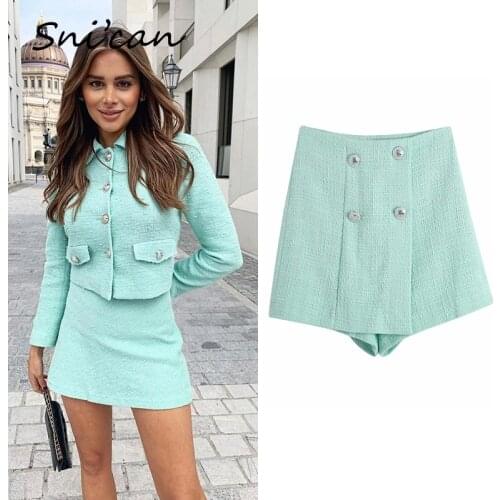 Snian Solid Spring Woolen Tweed Shorts Femme With Buttons Office Ladies Suit Capris Za 2021 Women Bottom шорты с высокой талией