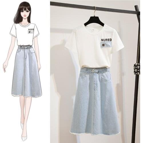 Plus Size Women Summer Short Sleeve White Button T-shirt Tops+Long Denim Skirt Set Women 2 Pcs Set Office Lady Outfits