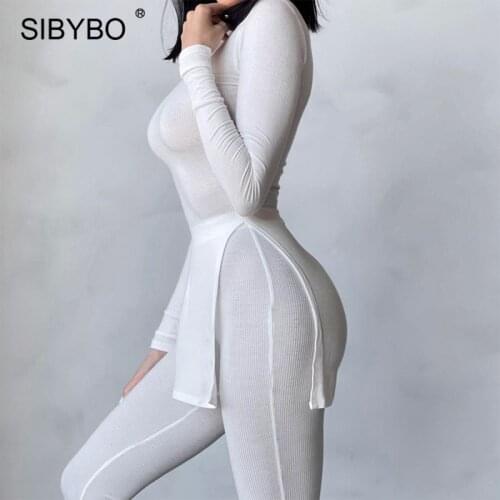 Sibybo Summer Two Piece Set Leggings Women Black Long Sleeve T-shirt And Long Pants Suit Femme Rib Knitted Stretchy Outfits 2021