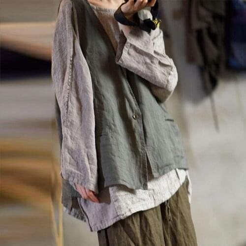 Johnature Women Vintage Linen Vest Coats Sleeveless V-Neck Casual Vest 2021 Autumn New Solid Color All-match Pockets Coats