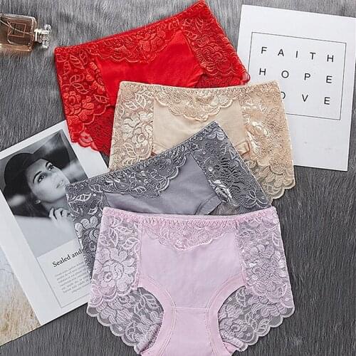 Womens Cotton Underwear Panties Sexy Lace Mid-Waist Hollow Female Briefs Hip Lift Underpants For Lady Plus Size Lingerie