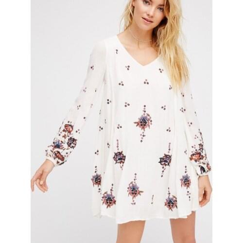 OrGypsy Boho Summer Floral Embroidery Dress Women Open Back V-neck Cotton Full Sleeve Casual Loose Mini Dresses Seaside Vestidos