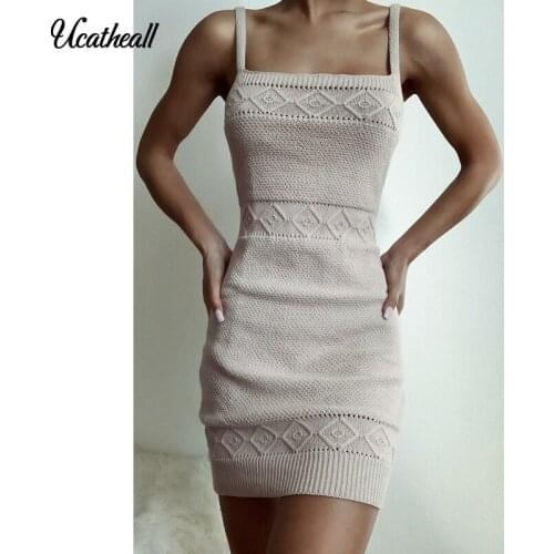 Retro Pattern Jumper Backless Dress Casual Summer Crochet Knitted Dress Women Sexy Strap Bodycon Mini Party Club Dress Elegant
