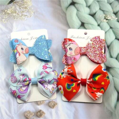 2Pcs/Card Cute Unicorn Hairpins For Girls Pins Cartoon Hair Clip Love Kids Rainbow Headwear Bow Ties Hairpin Crab Headdress NEW