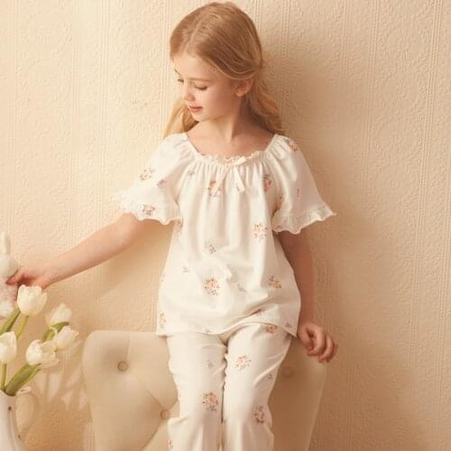 2 Piece / Set Pajamas For Girls Summer Short Sleeve Tops Sleepwear Children Cute Floral Print Pyjamas Kid Leisure Soft Nightwear