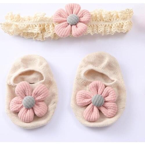 2Pcs/Set Baby Girl Headband Socks Set for Newborn Anti-Slip Kids Indoor Socks Flowers Ruffle Infant Headwear Baby Accessories