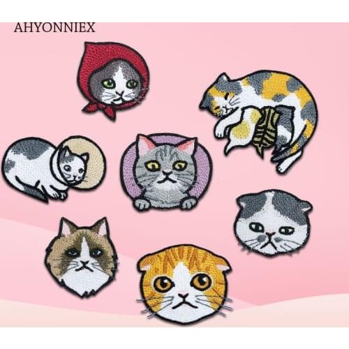 AHYONNIEX 1 Piece Cute Cat Kitty Iron On Patches For Clothing Embroidery Stripe On Clothes Cute DIY Applique Badge