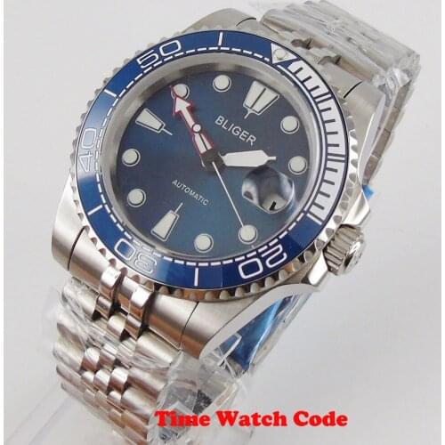 BLIGER Blue dial 40mm Automatic Movement Mens Wristwatch Sapphire Glass Jubilee watchband Date Window blue ceramic bezel