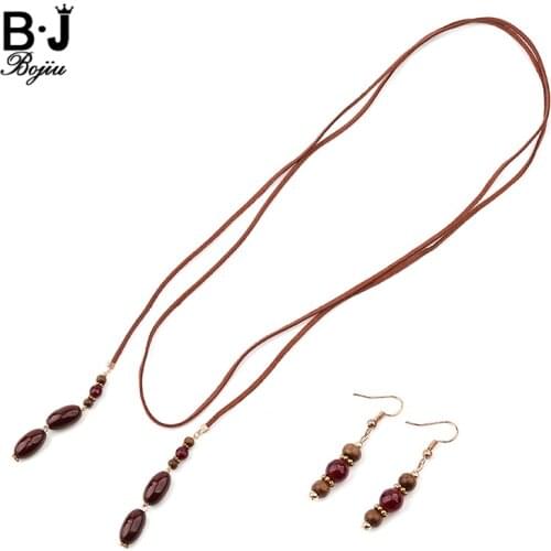 BOJIU Bohemian Long Leather Chokers Necklaces For Women Jewelry Brown Oval Ceramic beads Ladies Collar Necklaces Bijoux NKS229