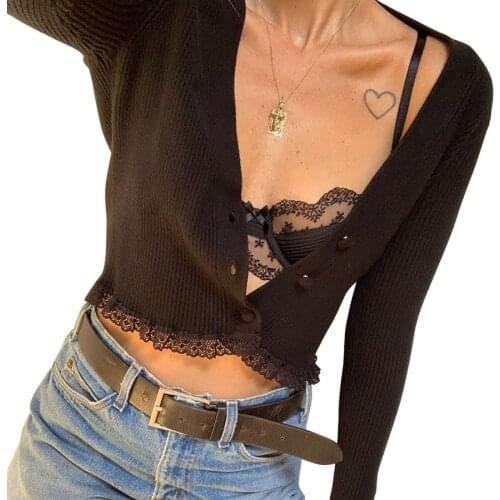 BoozRey 2021 Autumn Vintage Lace Black Splicing Long Sleeve Cardigan Sexy V Neck Top Crop Women Slim Knitted Button Up Cardigan