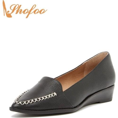 Black Med Wedge Heels Pumps Pointed Toe Woman Slip On Large Size 13 16 Ladies Fashion Whipstitched Office Mature Shoes Shofoo