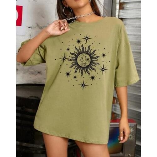 Sun Face Print Graphic T Shirts Women Vintage Casual Streetwear Oversized Crop Top Loose Short Sleeve Summer New Fashion Clothes