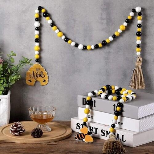 2 Pieces Bee Wood Bead Garland with Tassels Honeycomb Wood Bead Spring Summer Wooden Bead Garland Rustic Farmhouse