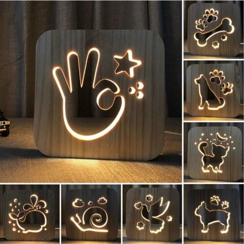 HY LED USB Night Light Wooden Dog Paw Cat Wolf Head Animal Lamp Novelty Kid Bedroom 3D Decoration Table Lamp Child Gift