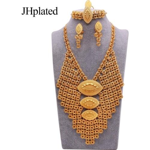 Indian 24K gold plated filled big necklaces earrings bracelets jewelry set bridal gifts Necklace ring jewellery sets for women
