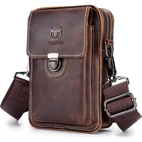 BULLCAPTAIN Crazy Horse Leather Male Waist Pack Phone Pouch Bags Waist Bag Mens Small Chest Shoulder Belt Bag Back Pack