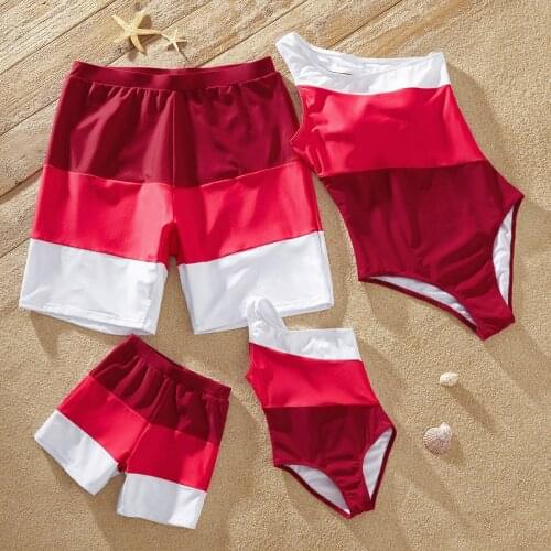 PatPat 2021 Summer Family Matching Outfits Red and White Color Swimsuits One Shoulder One-piece Swimsuits for Women and Girl