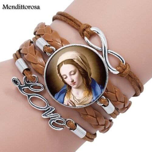 Mendittorosa Jesus Portrait Cross Virgin Mary Jewelry With Plated Glass Cabochon Multilayer Black/Brown Leather Bracelet Bangle