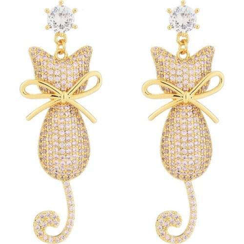 Cute Statement Cat Earrings For Women High Quality S925 Ear Needle Cubic Zirconia Animal Drop Earrings Fashion Jewelry 2021