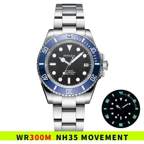 NEW 300M Water Resistant 40mm Mens Black Diver Watch Automatic nh35 Movement Sapphire Crystal SUB Homage Blue Bezel