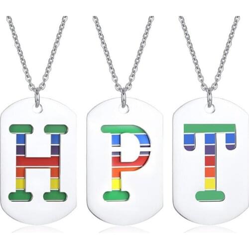 Stainless Steel Initials Rainbow Enamel Letter H P T Pendant Necklace Dog Tag Jewelry Gift For Men with Chain