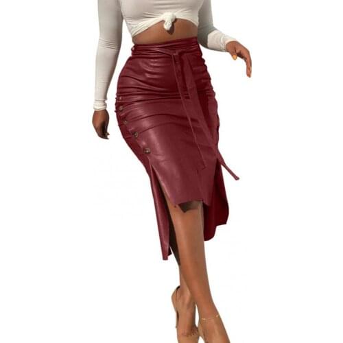 Sexy Women Skirts Faux Leather Autumn Winter Faux Leather Bandage Button Side Buttons with Bandage Bodycon Split Midi Skirt