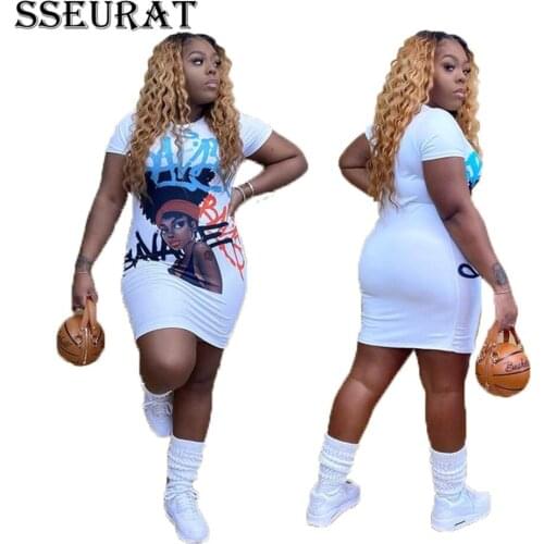 SSEURAT Women Letter Print O-neck Short Sleeve Bodycon Midi Dress Sexy Party Club Bandage Knee Length Pencil Dresses