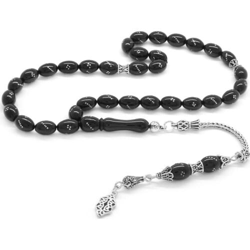 Tesbihane 925 Sterling Silver Tassels Silver Light Embroidered Barley Cut Erzurum Oltu stone Rosary