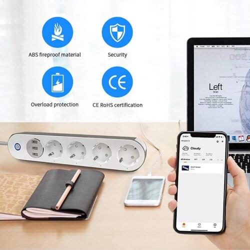 Wifi Smart Power Strip 4 EU Outlets Plug With 3 USB Ports Extension Power Cord App Control Timing App Control With Alexa Google