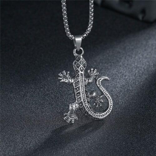Vintage Pendant Gecko Chameleon Charm Necklace For Men Punk Jewelry Making Antique Silvery Color Lizard Pendants