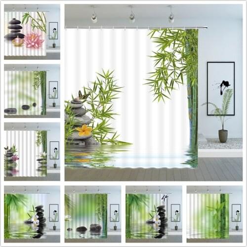 Green Bamboo Shower Curtains Spring Plant Flower Butterfly Scenery Bathroom Decor Polyester Home Cloth Hanging Curtain Sets