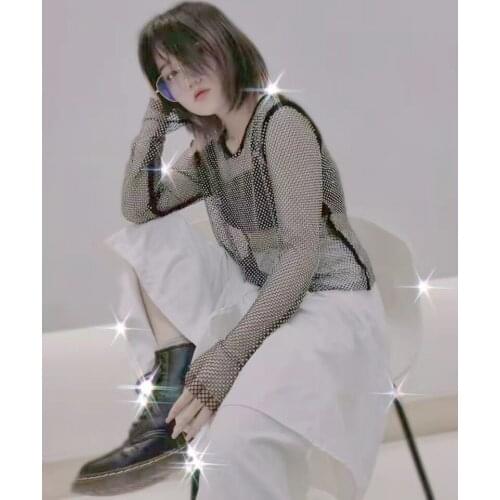 H80&S90 New Shiny Diamond Beading Hollow Out Mesh Basic Shirt Women Temperament Slim Crystal Round Beck Pullover Sexy Party Tops