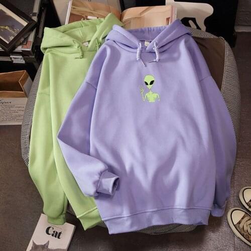 New Fashion Harajuku Kawaii Funny Alien Oversized Hoodies Sweatshirt Women Long Sleeves Streetwear Hooded Tops Female