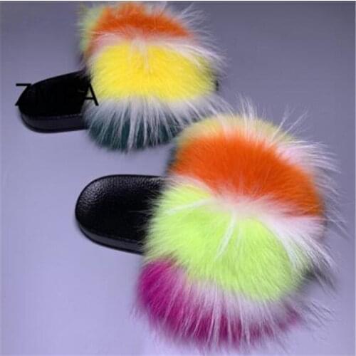 Childrens Summer Real Fox Fur Slippers Kids/Womens Fluffy Fur Slides Woman/Ladies Cute Plush Furry Flip Flops Fur Home Shoes