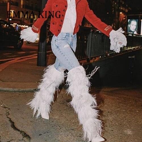 2021 Winter Women Feather Knee High Boot Pointy Toe Tassel Cover Side Zipper Suede Boots Runway Party Long Booties De Mujer