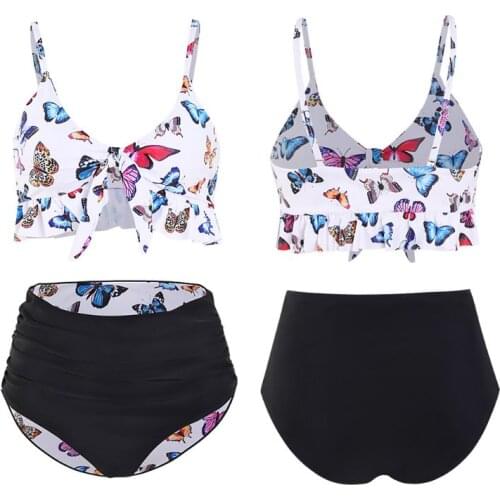 Womens Sexy Bikini Set Ruffles Tie Knot Butterfly Printed Reversible Swimsuit