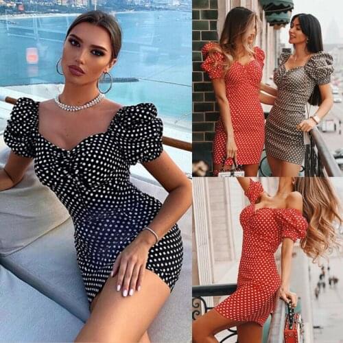 Women Polka Dot Puff Sleeve Mini Dress Summer V Neck Bodycon Dress Leisure Temperament Pack Hip Dress